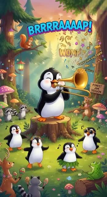 A penguin playing the trombone, filling the forest with goofy, playful vibes 🐧🎺🌲