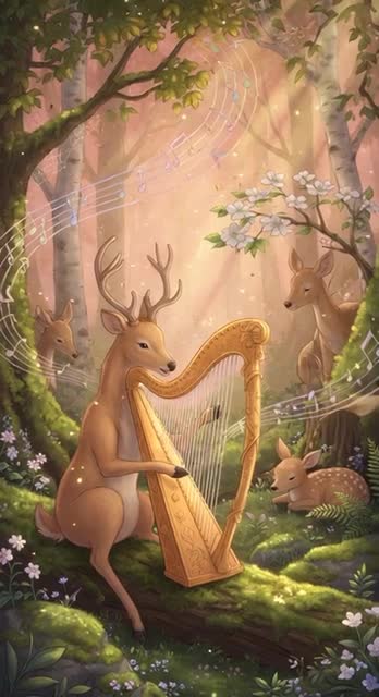 A deer family playing a dreamy harp melody deep in the forest ✨
 #deer #🦌 #forest #harp #melody